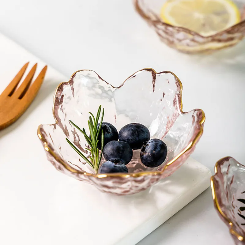 Cherry Blossom Sauce Dishes Small Glass Dish Sauce Bowl Nodic Gold Inlay Ice Cream Small Dinner Plates Kitchen Supplies 3pcs dining dish