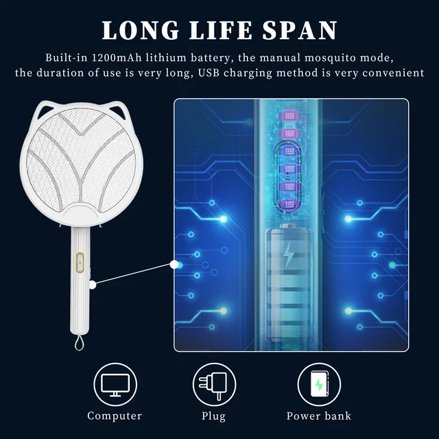 Összecsukható Elektromos Szúnyog Swatter Macska Fülek 1200Mah Szúnyoggyilkos Lámpa Kézi Usb Újratölthető Kártevőirtás Beltéri - Image 4