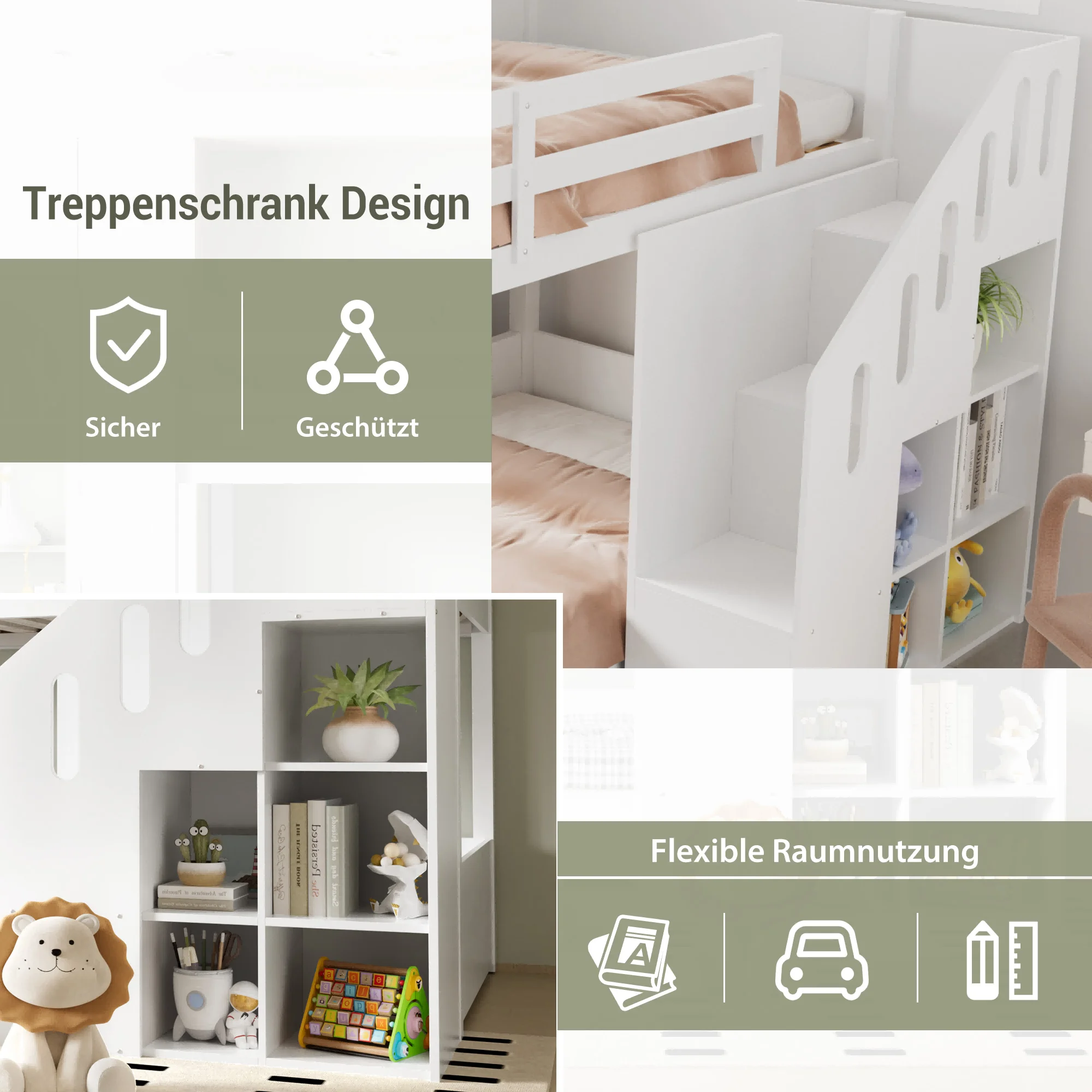 KOMHTOM multifunktionales Kinderetagenbett Doppelbett 90x200cm mit Treppen Schließfächern und stabilem Geländer ohne Matratze – Detail 3