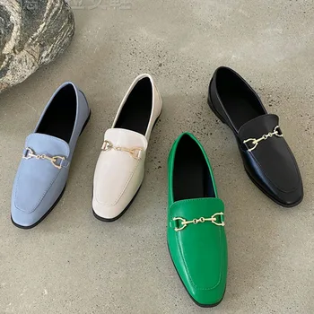 Comemore 2022 Spring Women Slip on Loafer Spring Fashion Ladies British Metal Flat Shoes Pumps Female Green Casual Leather Flats 1