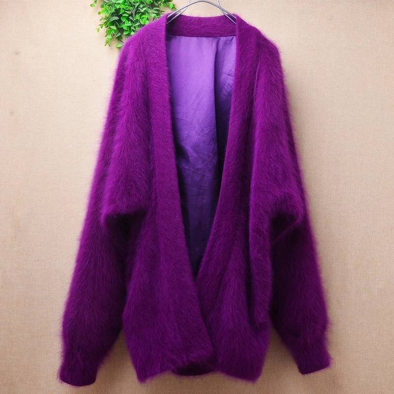

Female Women Fall Winter Clothing Purple Hairy Mink Cashmere Knitted Long Batwing Sleeves Loose Cardigans Mantle Coat Sweater