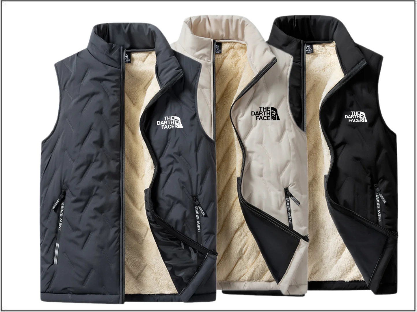 Men Fleece Jacket Vest Warm Sleeveless Winter Waterproof Zipper Autumn Stand Collar Casual