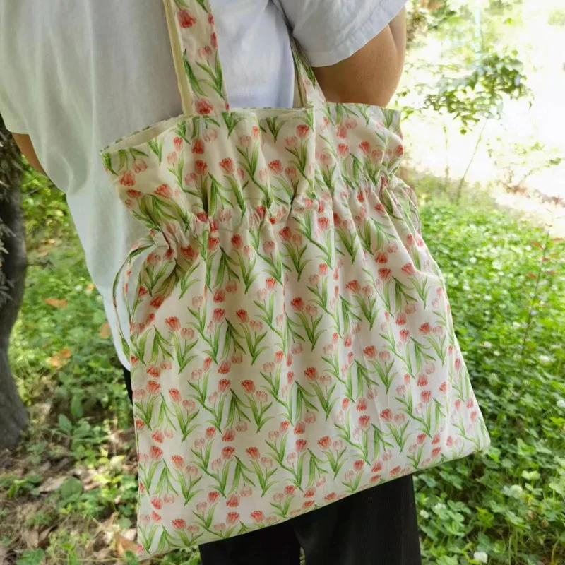 Small Fresh Style Canvas Bag Flower Print Shoulder Bag Cute Large Capacity Handbag Women's Aesthetic Leisure Shopping All-match