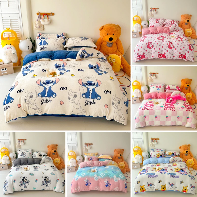 

Disney Milk Velvet Bedding Set Lotso Mickey Minnie Winter Thickening Warm Flannel King Queen Duvet Cover Bed Sheet Pillowcase