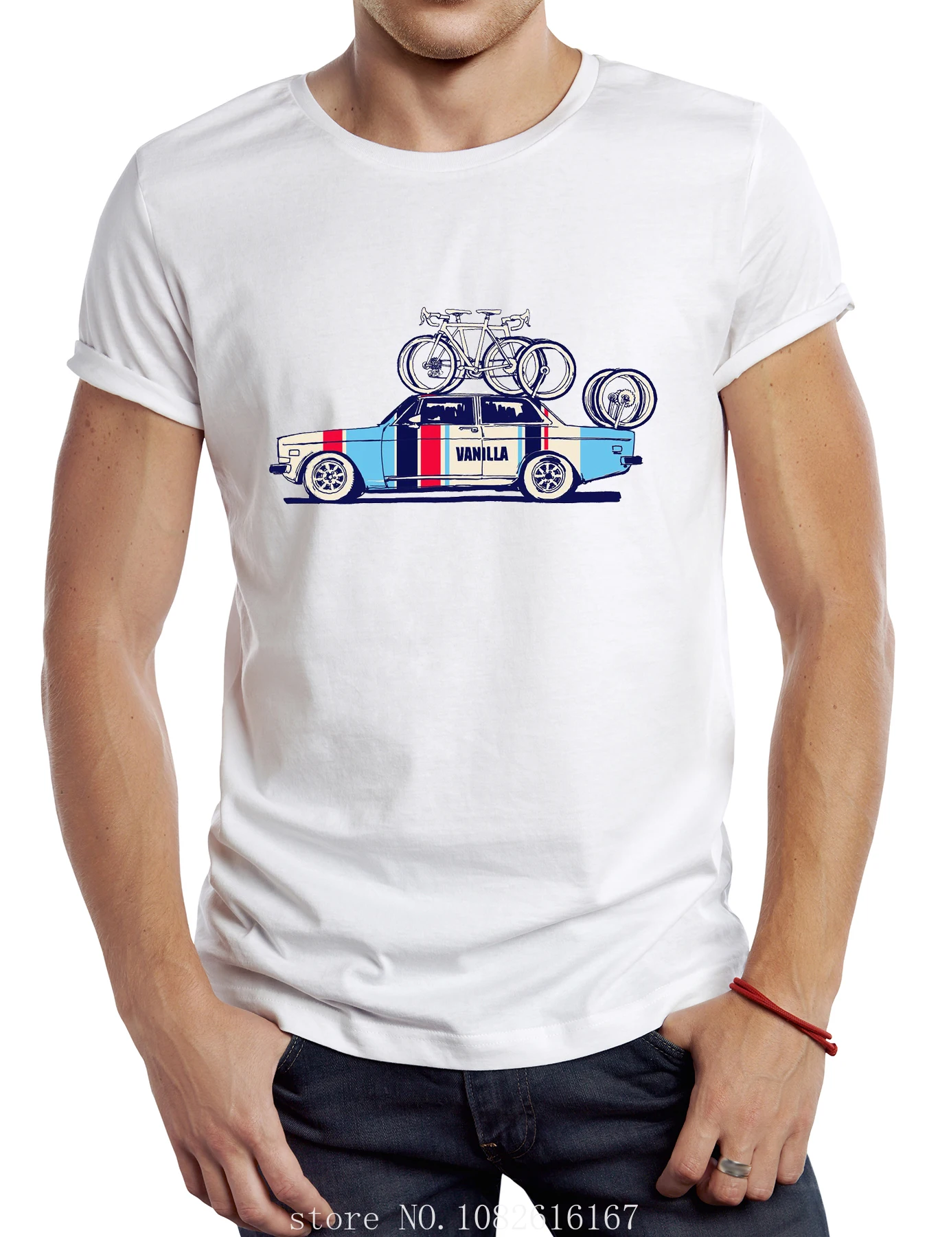 Panno Retro Road Trip Stampa Top Hipster Tee Vintage Bicycle On Muscle Car Printed Men T Shirt Mtb Sport Graphic T-Shirt