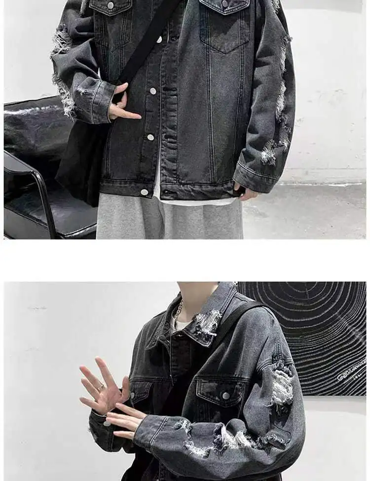 Spring Autumn Ripped Denim Jackets Men's Causal Loose Oversize Handsome High Street Overcoat Men Tops Male Clothes