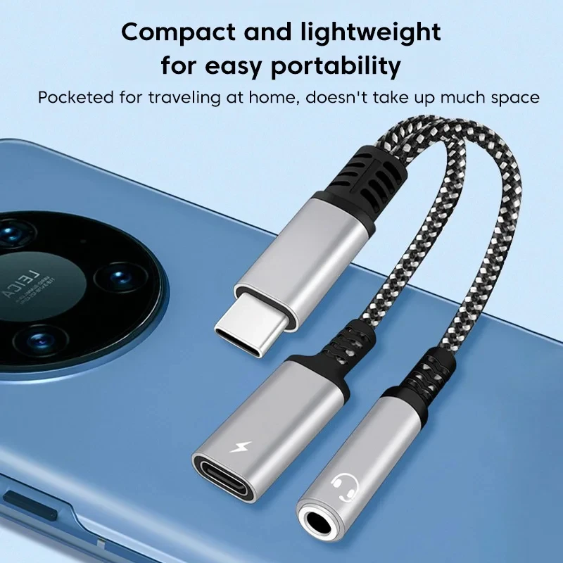 USB C Adapter 2 in 1 To 3.5mm AUX Audio Headphone Cable For Xiaomi Redmi Huawei Samsung OPPO Type C PD 30W Charging Braid