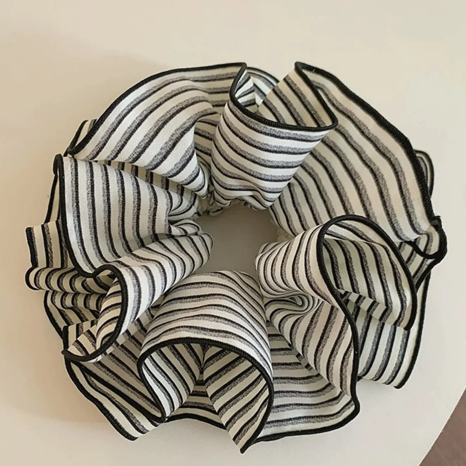 1PC Large Striped Hair Scrunchie with Ruffled Edges, Chic Black and White Hair Tie, Stylish Hair Accessory for Women