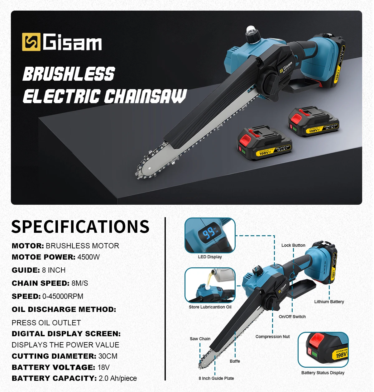 8 Inch Brushless Electric Chainsaw Cordless Portable Electric Saw Woodworking Po