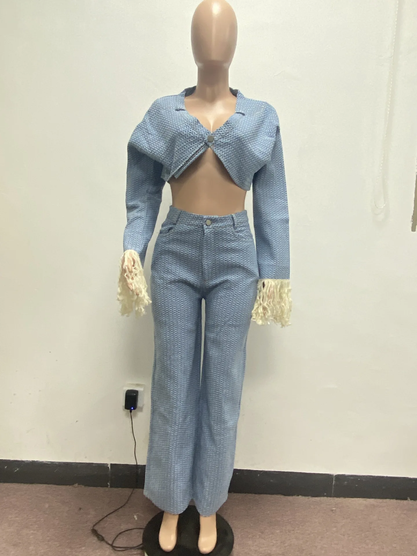 Fashion Denim Women's Set Tassel Long Sleeve Crop Jean Jackets And Pants With Scarf 2023 Autumn Two 2 Piece Set Outfit Tracksuit