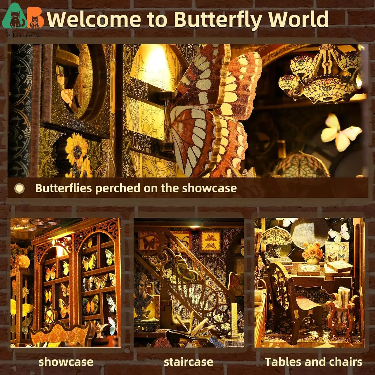 ATUBAN DIY 책 구석 키트, 3D 나무 퍼즐 미니어처 인형의 집, 북엔드 책장 삽입 장식, LED 조명