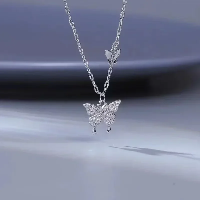 Silver Butterfly Necklace Women Crystal Zircon Pendant Necklace for Women Girl Crystal Chain Necklace Party Jewelry