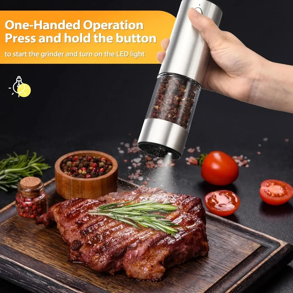 Electric Salt and Pepper Grinder Set, USB Rechargeable, Adjustable Coarseness, Large Capacity, Auto Grinders with LED Light - Image 2