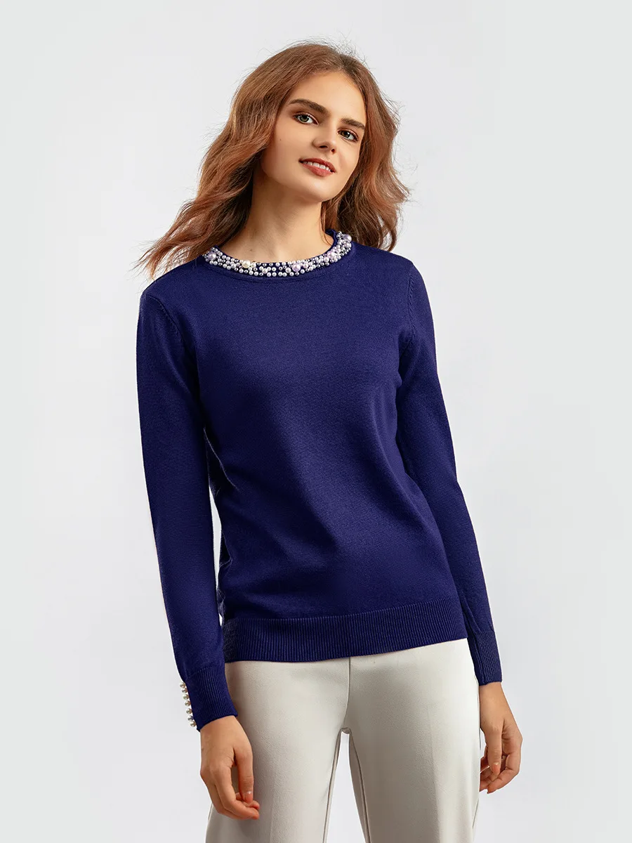 Chic Beaded O-neck Knitted Tshirts Women Spring Casual Slim Knitwear Jumper Tops Korean Long Sleeve Malhas Tee New Thin Sweater