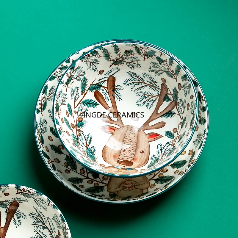 Ceramic Sika Deer Pattern Cute Bowl Soup/ Rice / Salad / Japanese Bowl  Dish  Noodles Dish Household  Kitchen Supplies