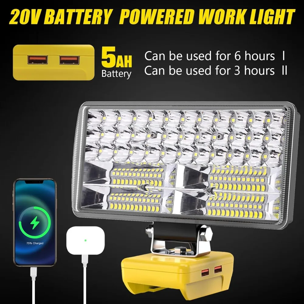  LED ۾, ޴ , LED  , DeWalt 20V ͸ ȣȯ , 2  , 2.1A USB, 6000 LM, 38W