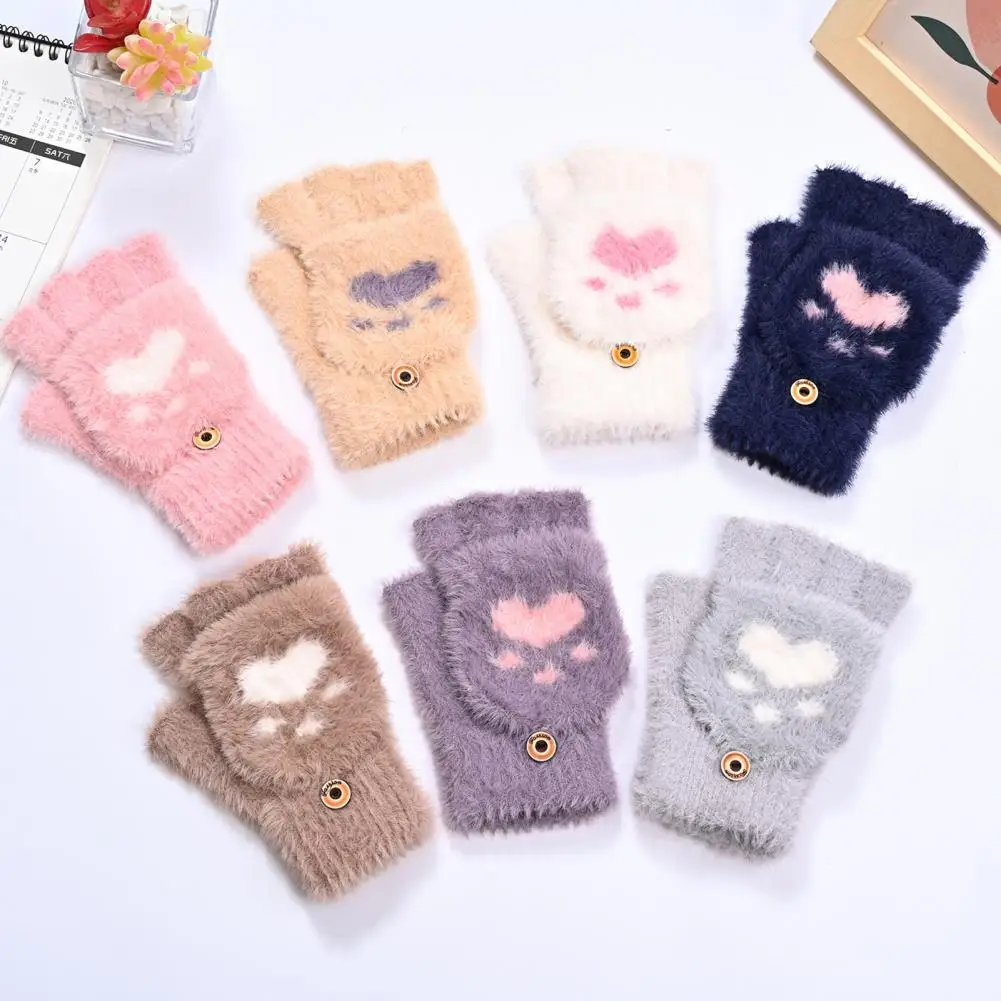 

Warm Winter Gloves Winter Outdoor Cartoon Bear Paw Flap Gloves Soft Knitted Imitation Gloves for Warmth Activities Soft Flip-top
