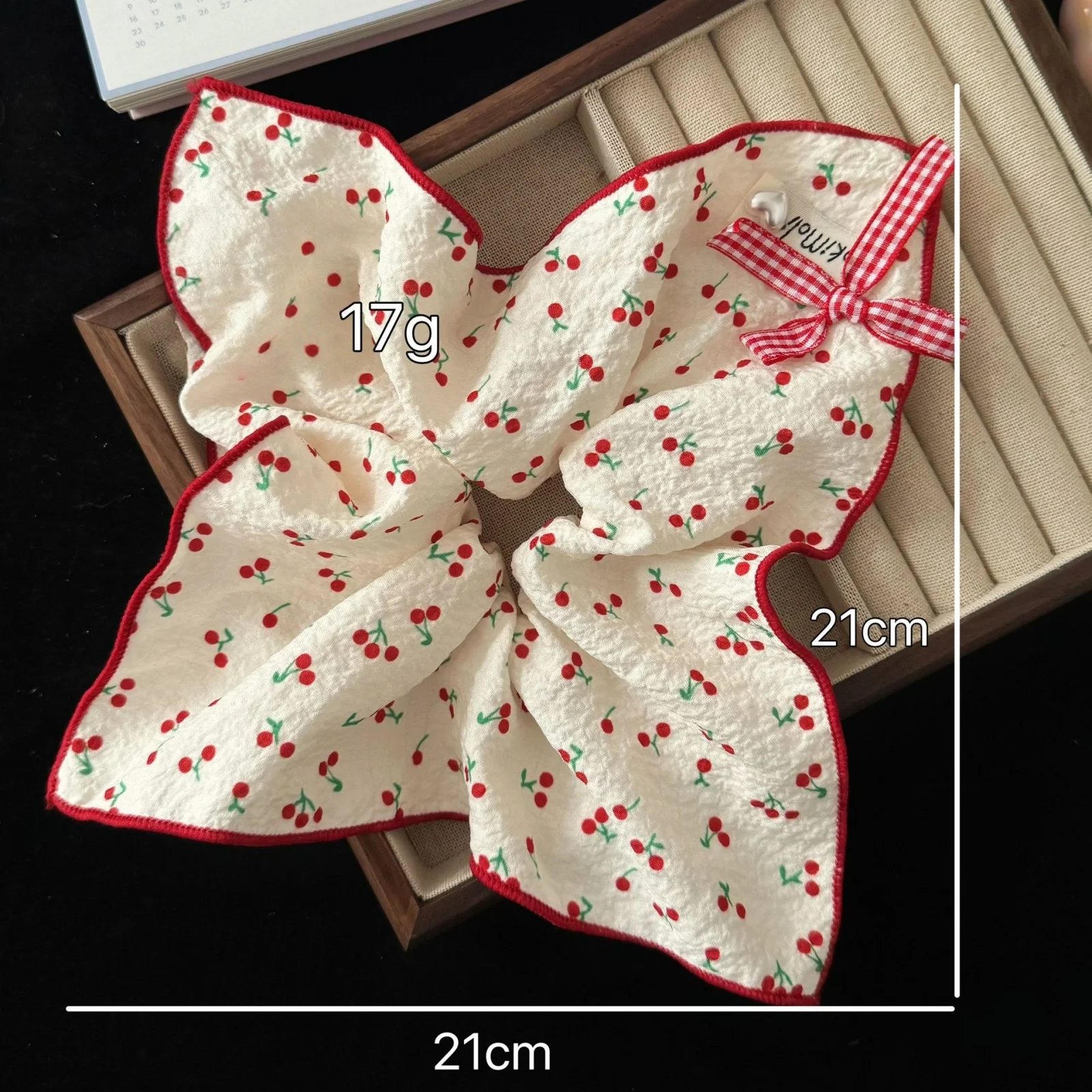 1PC Cherry - Printed Hair Scarf, Quilted Fabric with Red Trim & Bow, Sweet Hair Accessory for Girls, Perfect for Cute Hairstyles