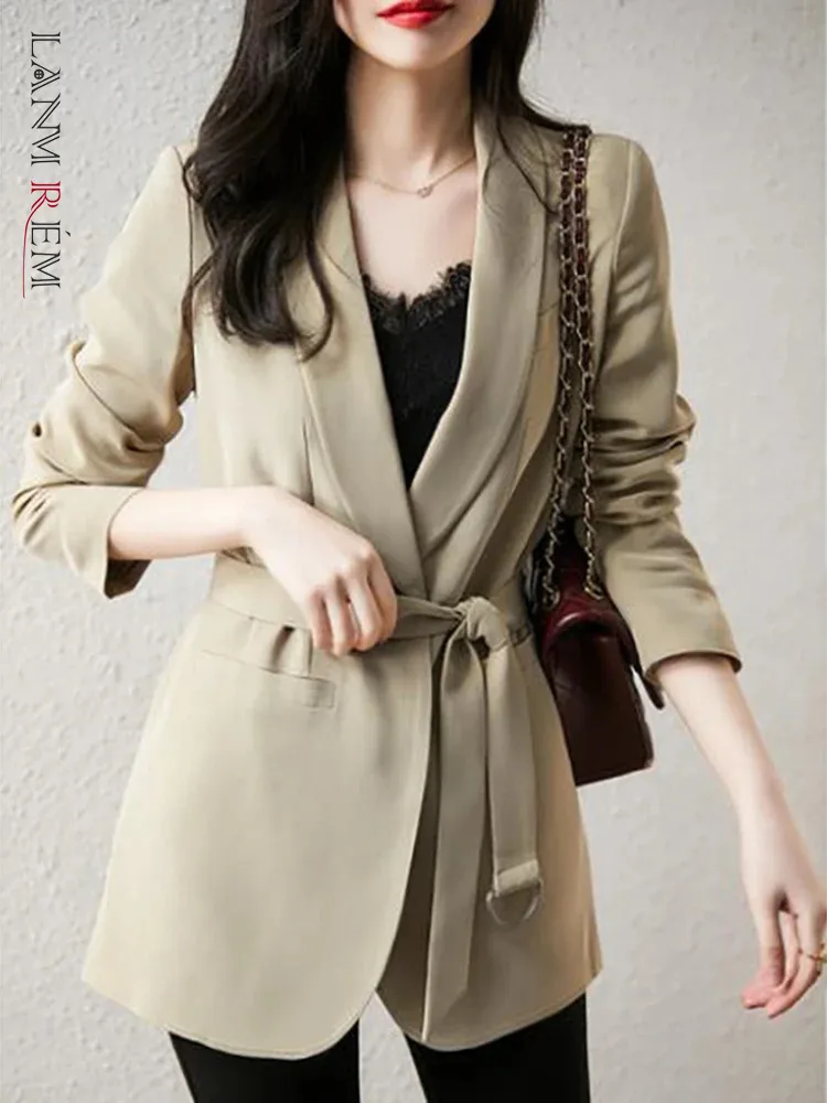 

[LANMREM] Belt Gathered Waist Blazers For Women Long Sleeve Office Lady Fit Jackets Fashion Coats 2024 Autumn New 26D9478