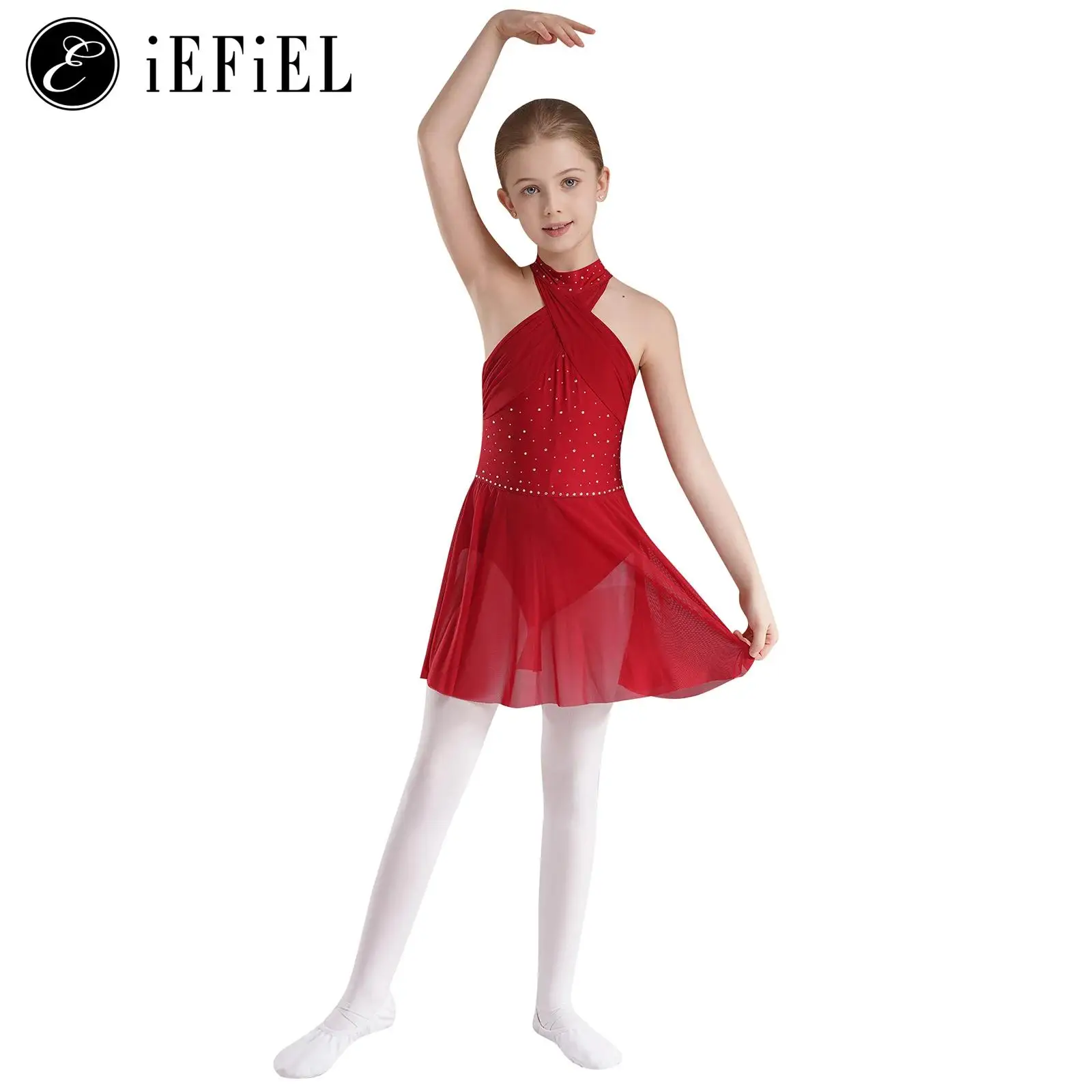 Kids Girls Modern Contemporary Lyrical Dance Costume Shiny Dimonds Cross Halter Dance Dress Gymnastics Leotard Dancewear