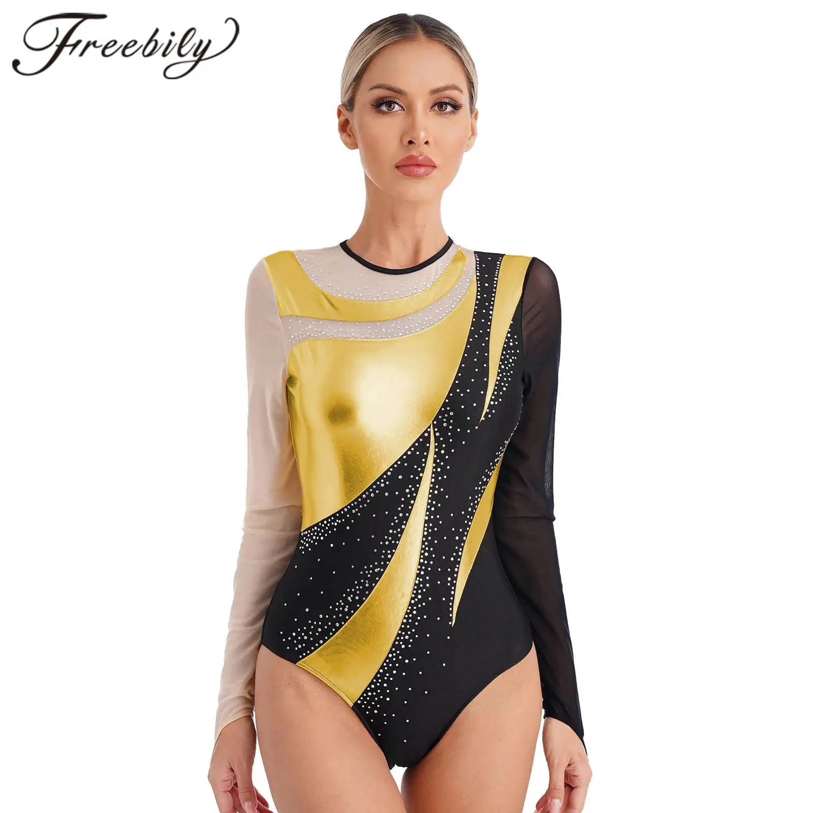 Women's Long Sleeve Rhythmic Gymnastics Leotard Ballet Jumpsuit for Woman Metallic Patchwork Exercise Figure Skating Bodysuit
