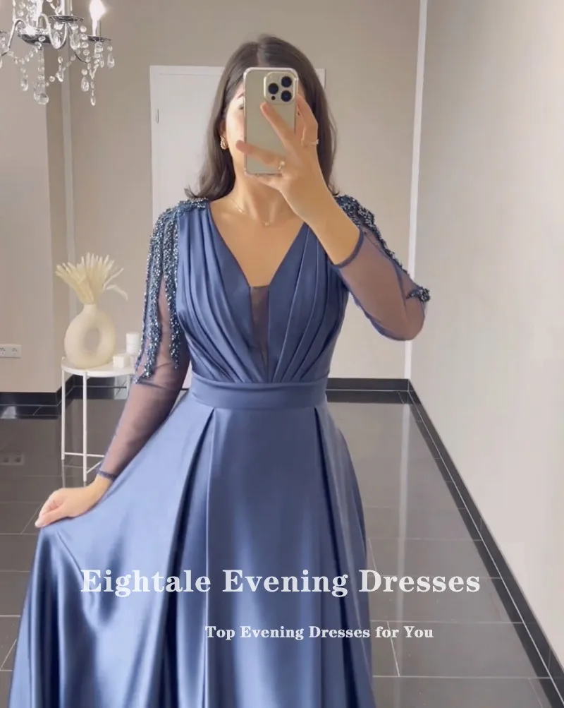 Eightale Elegant Evening Dress Satin Long Sleeves Beaded A-Line Prom Gowns Celebrity Wedding Party Dress Vestidos De Noch