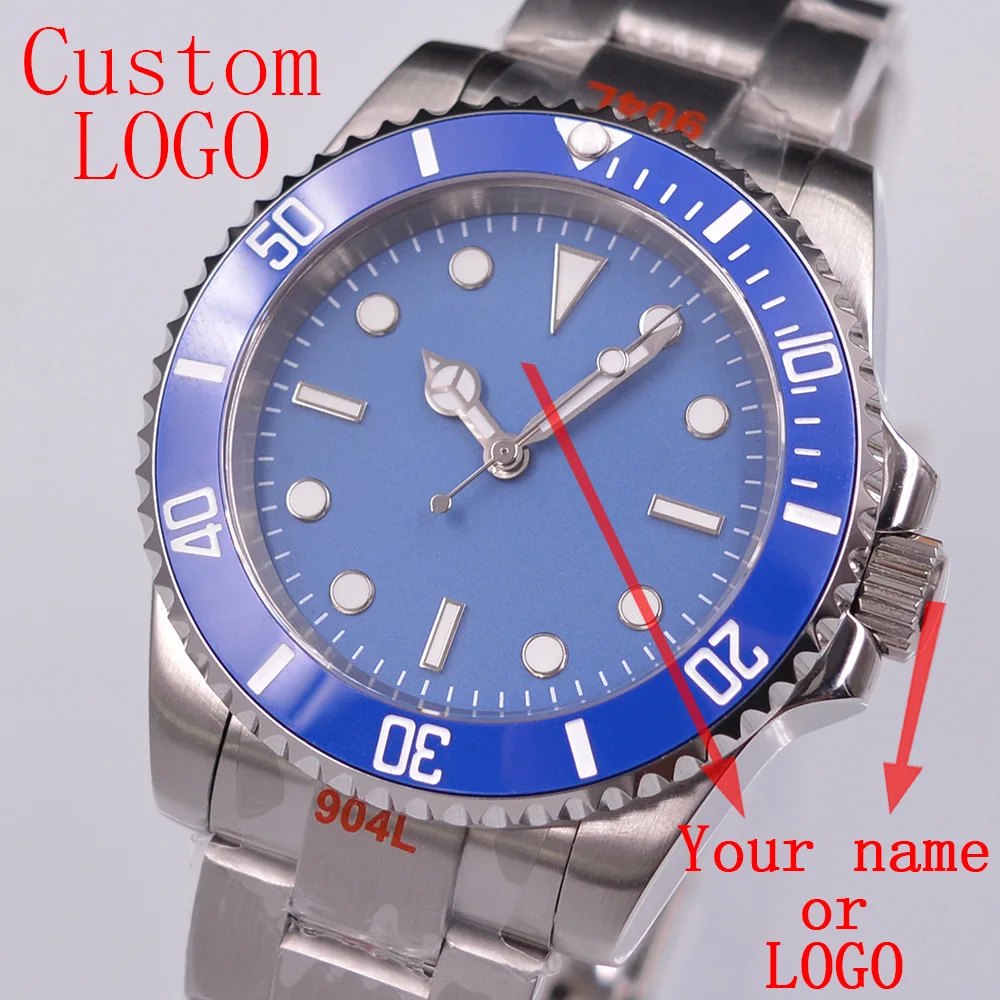 

40mm NH35 Miyota8215 Automatic Movement Oyster Strap Watch Custom Logo Watch Blue Dial 316L Stainless Steel Case Luminous Watch