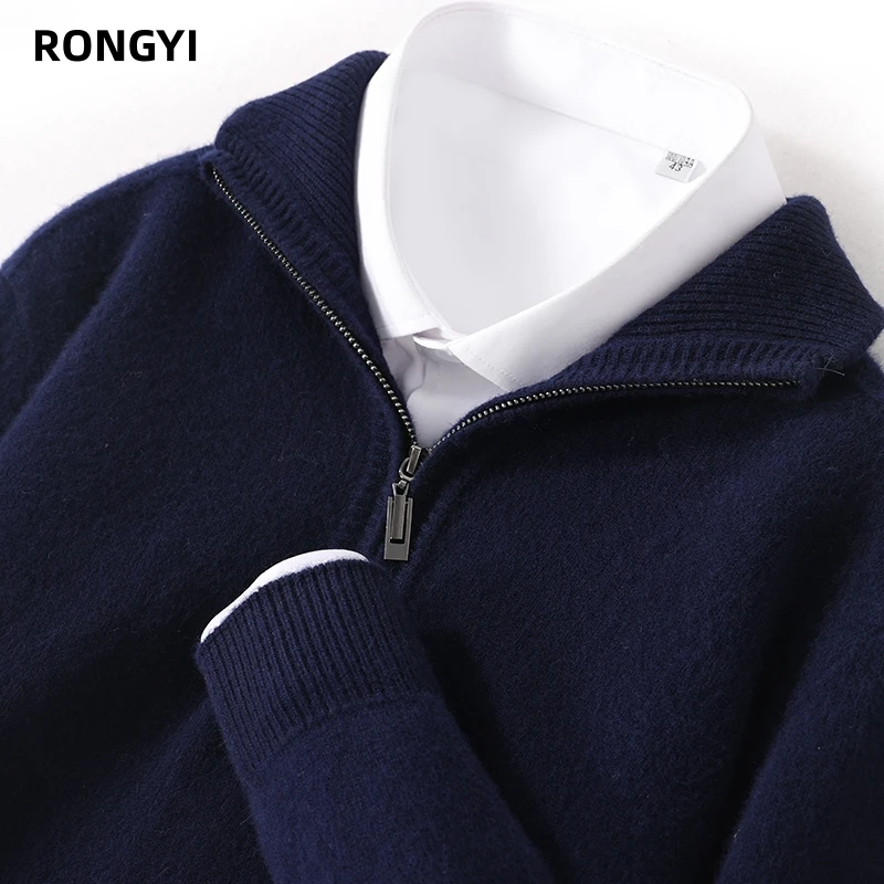 RONGYI  Autumn And Winter 100% Merino Wool Men's Pullover Sweater Turndown Collar Zipper Solid Color Knitted Padded Coat Jacket 5