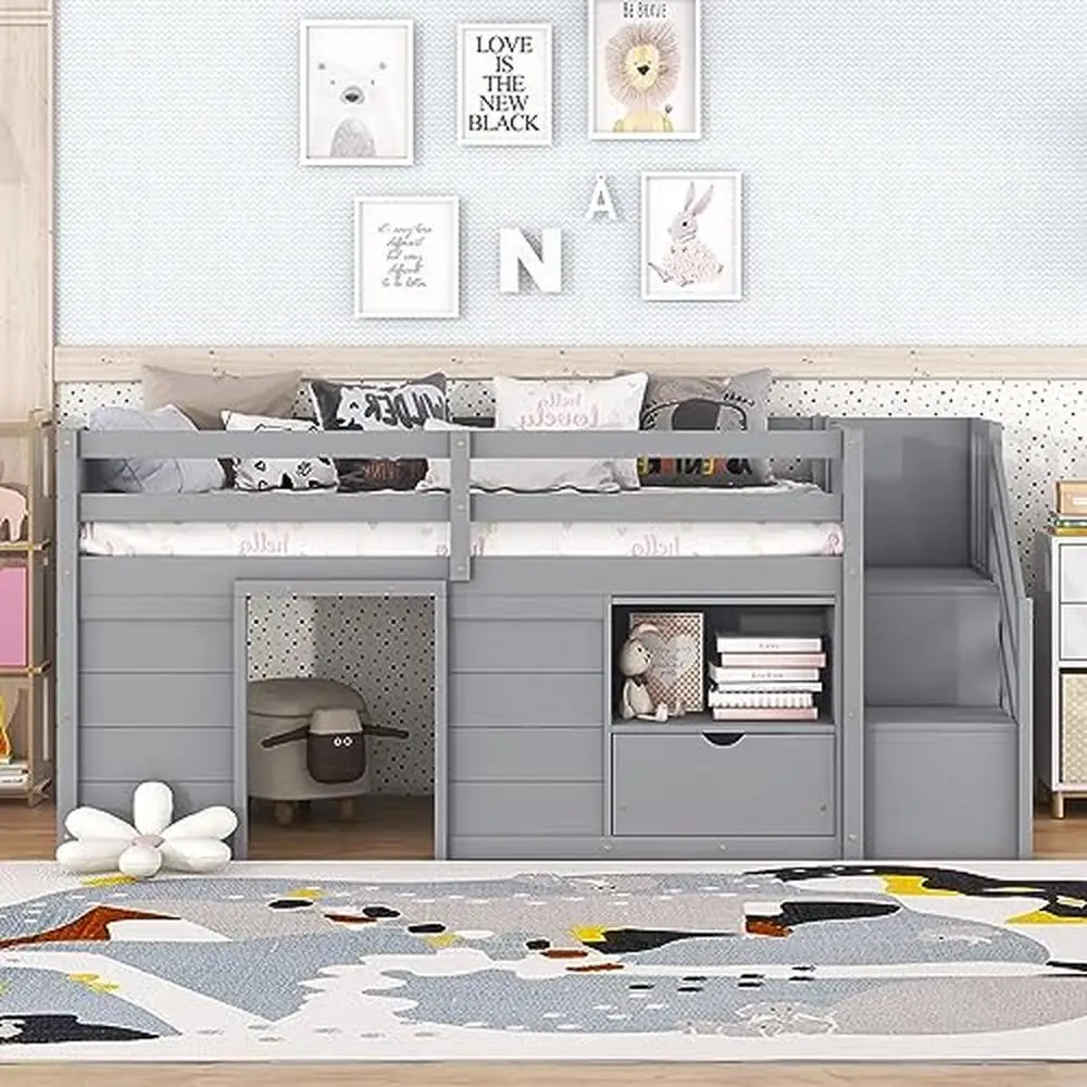 Twin Size Wood Loft Bed with Storage Drawers and Stairs Modern Farmhouse Style Multifunctional Kid's Bed Durable and Safe Grey 5