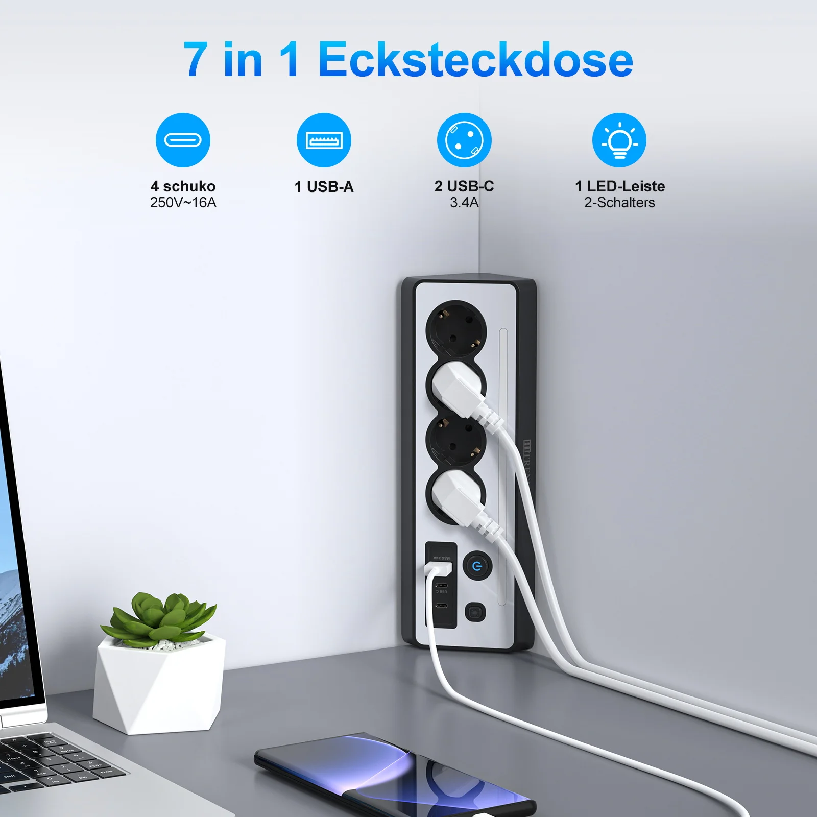 Corner Socket EU plug Power Strip with LED Light, 1.5m cable Sff27ab65c1a0482fb6dbd21defacb85eZ