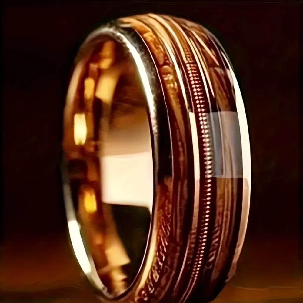 Single Piece Retro Niche 8mm Stainless Steel Smooth Inlaid Guitar Wire Barrel Wood Ring Men's And Women's Fashion Ring