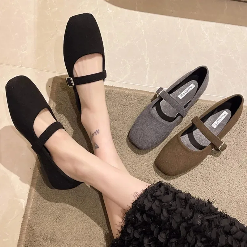 Women's Felt Mary Janes Shoes Square Toe Ballet Flats for Female New Fashion Buckle Strap Ladies Shoes Spring Autumn 3