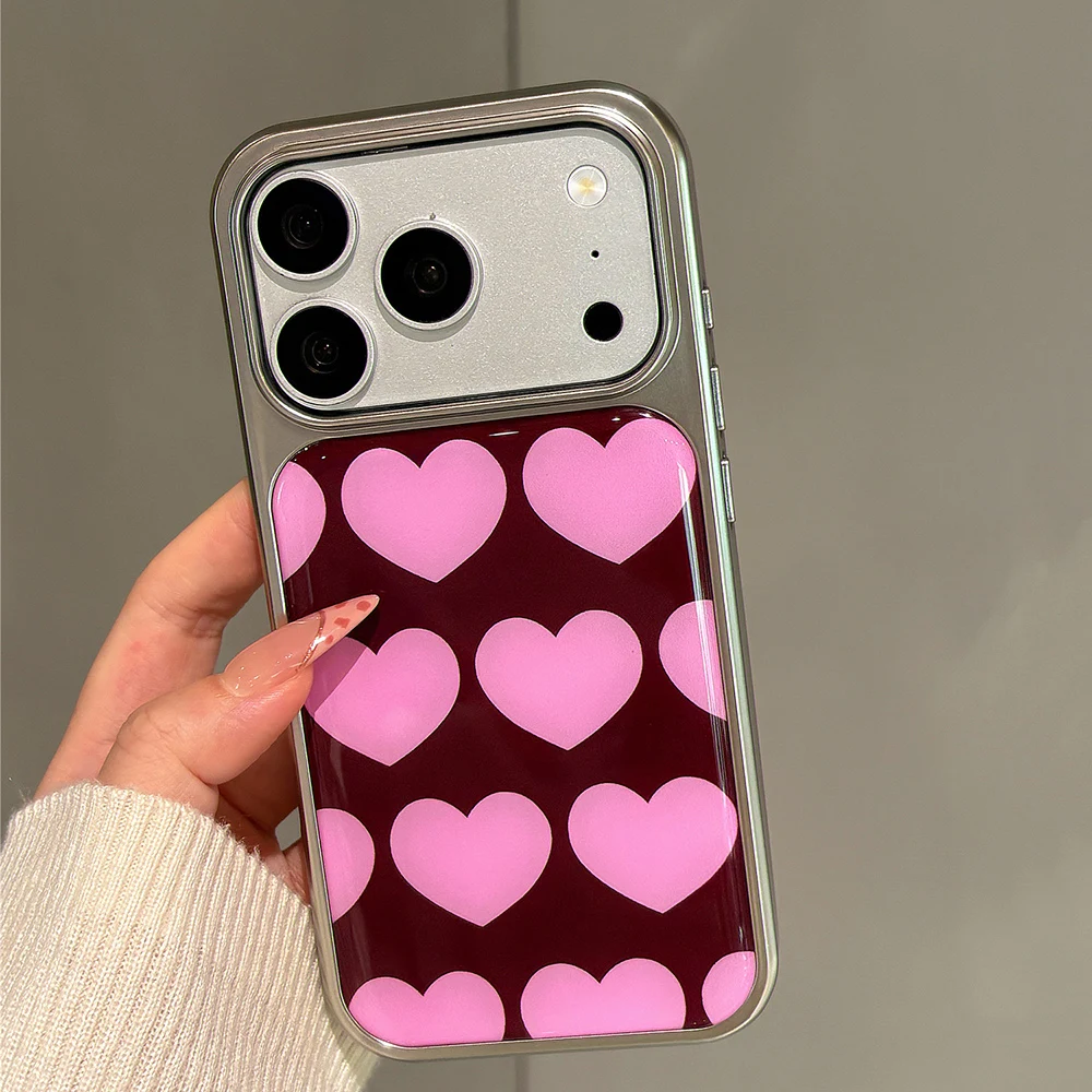 Chic Pink Love Heart Wine Red Hard Plastic Phone Case with Electroplated Frame and Drip Glue Back Cover