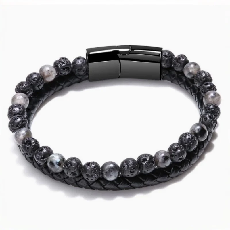 Pulsera trenzada de cuero con cuentas de piedras preciosas - Imagen 2