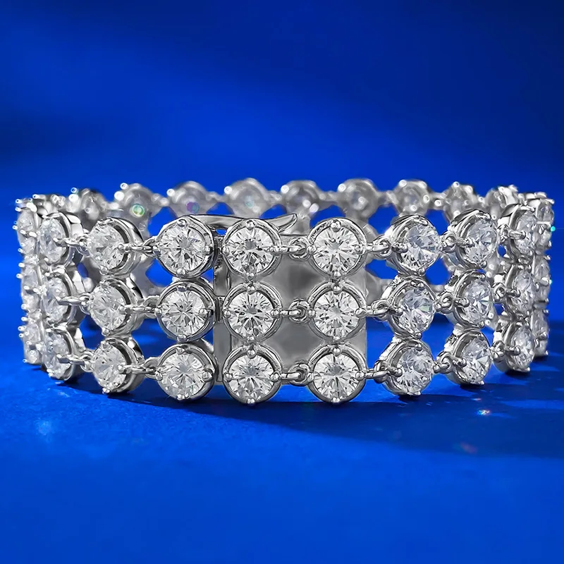 

Luxury 925 Sterling Silver Sparkling Round Cut Lab Sapphire Three Rows Diamond Bracelets Bangle Gemstone Jewelry Free Shipping