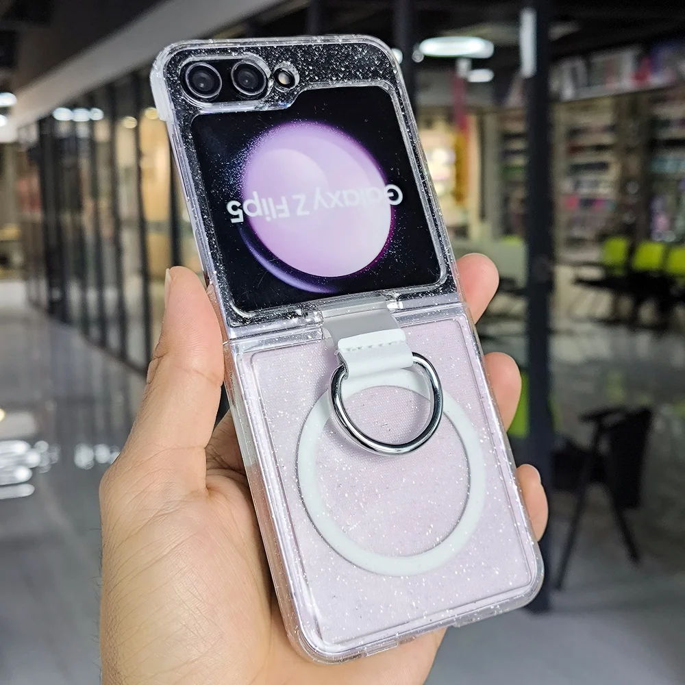 Glitter Transparent Magnetic Ring Phone Case with Wireless Charging & Shockproof Protection