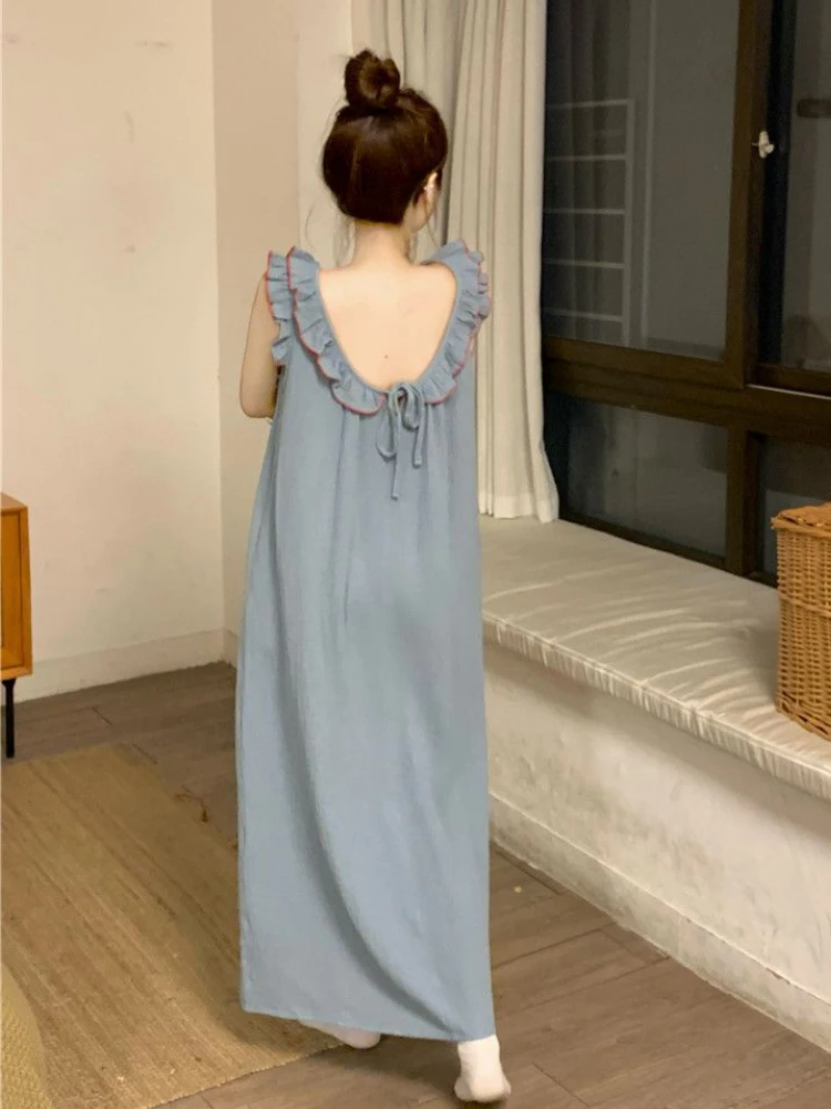 Sleeveless Nightgowns Women Sweet Ruffles Summer Ankle-length Sleepwear Fashion Korean Style Lounge Elegant Princess All-match