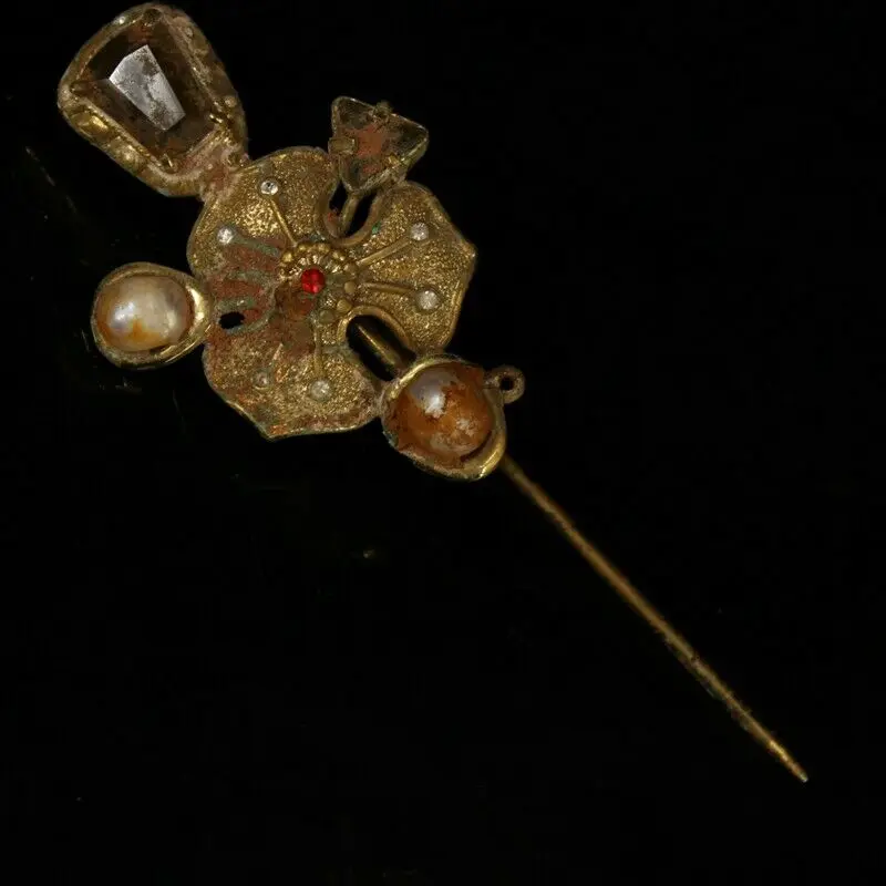 

Exquisite Old Chinese Copper Gilt Inlay Gem Handmade Hair Hairpin