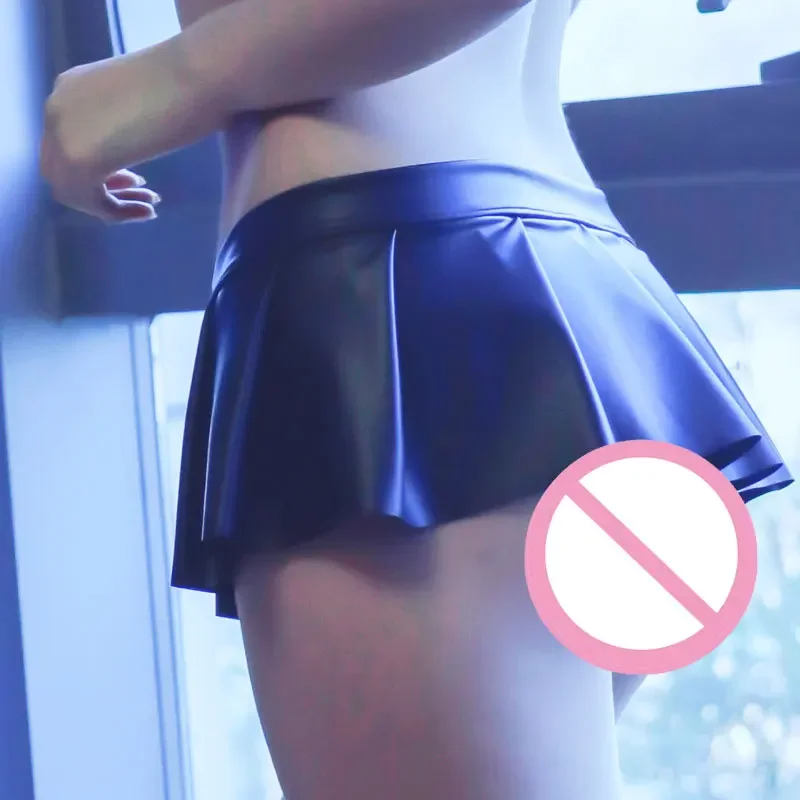 Sexy Gloosy Faux Leather A-Line MINI JK Skirt Low Rise Waist Ruffled Adjustable Mini Skirt Club Pleated Party Pole Dance