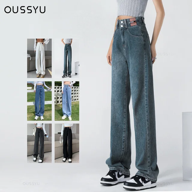 OUSSYU Y2K Woman Jeans High Waist Wide Leg Cotton Denim Clothing Blue White Streetwear Vintage Fashion Harajuku Straight Pants 1