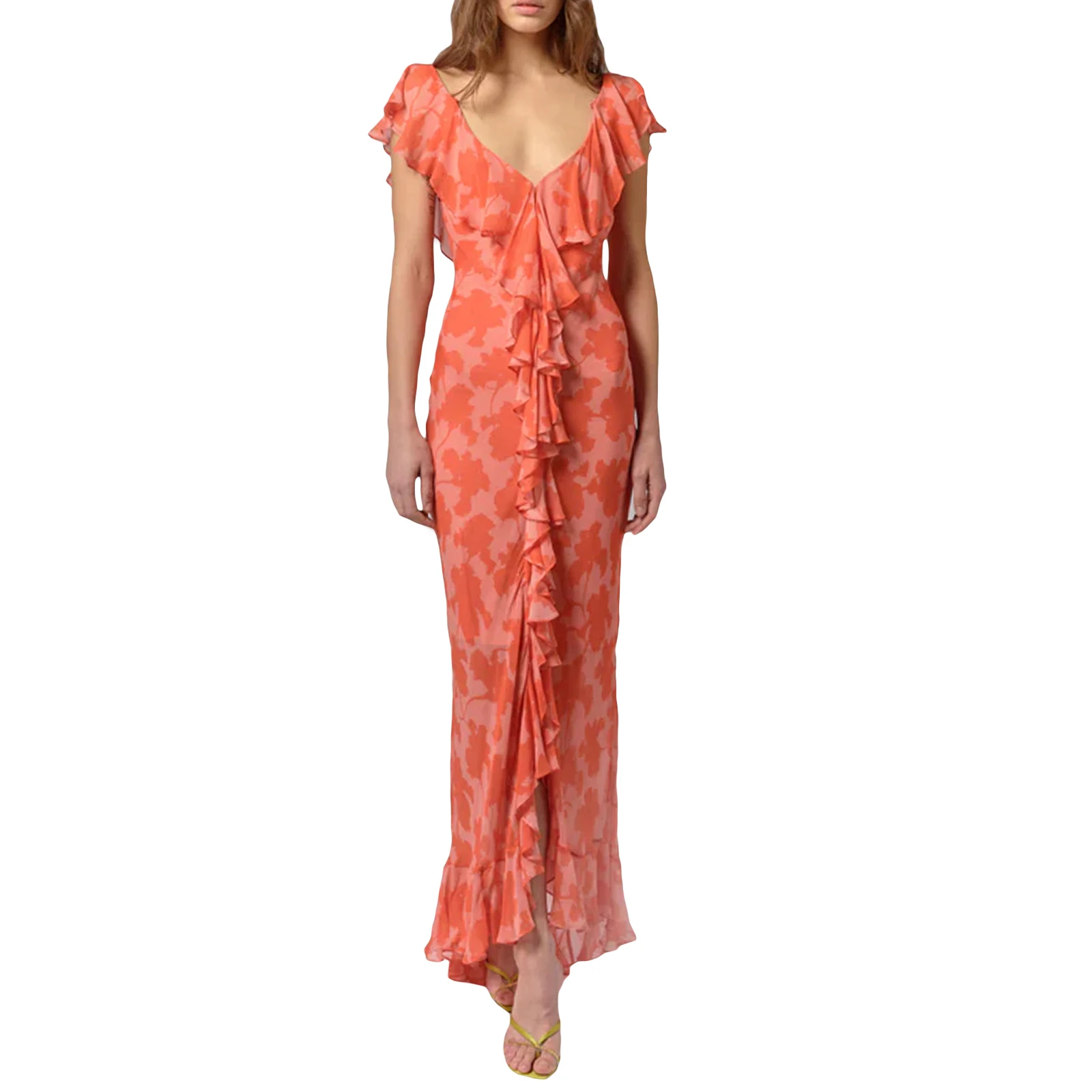 

Women Ruffles Flying Sleeve Dress Summer V Neck Floral Print Long Party Dress for Club Streetwear