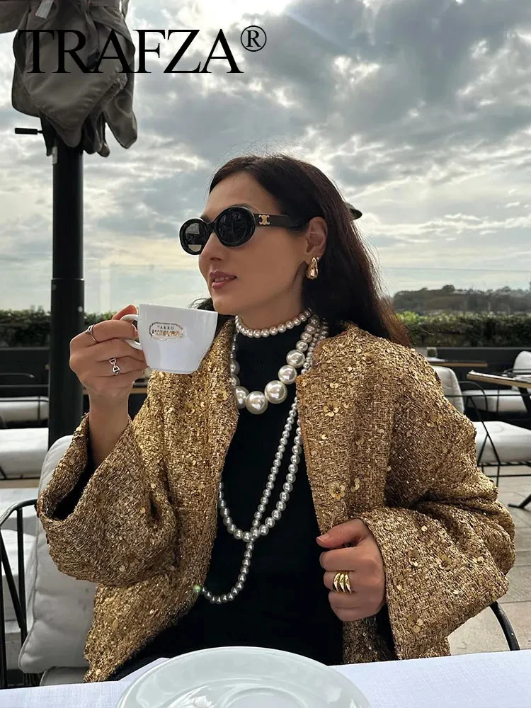 HH Women Fashion Gold Sequin Coat Casual Loose Stand Collar Long Sleeve Jacket Y2k Vintage Autumn Female High Street Outwear