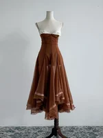 Robe de bal chic en mousseline pour femme, élégante, à fines bretelles, ourlet à volants, coupe trapèze, pour l'été 2026, idéale pour mariage et soirée 6