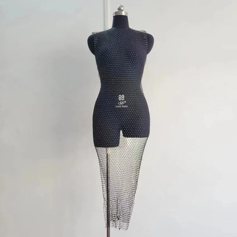 Schwarz Weiß Urlaub Strand Lange Kleider Für Frauen Kristall Diamant Strass Sexy Hohl Sommer Kleid Fishnet Mesh Party Vestido – Detail 4