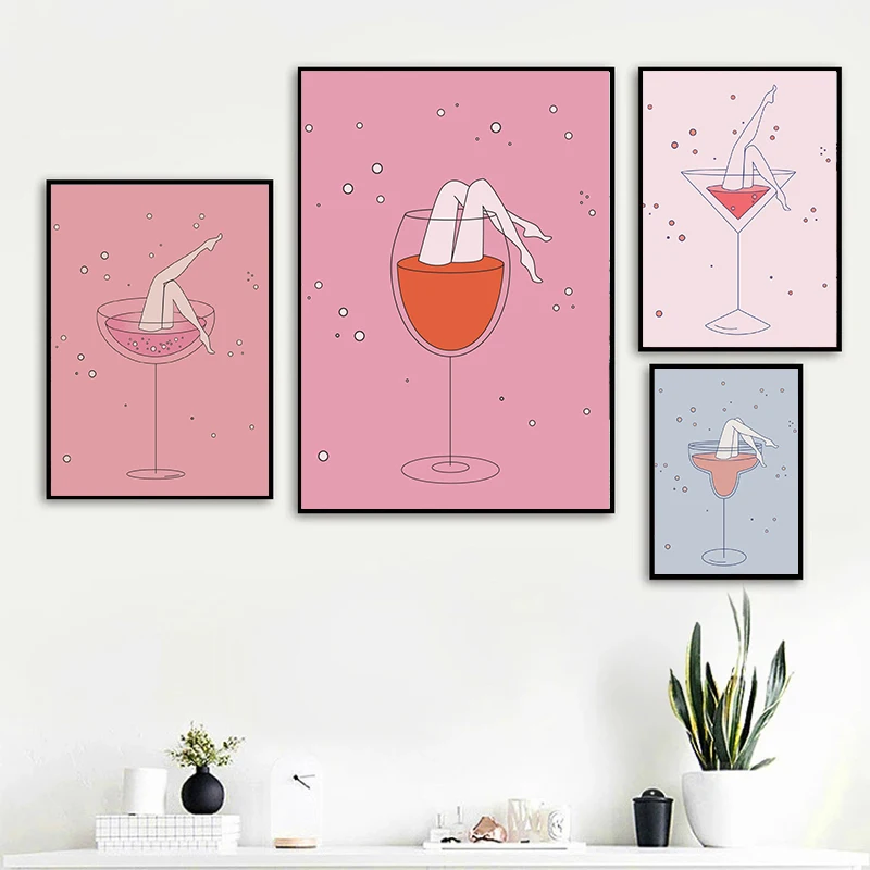 Funny Leg Lets Drink Pink Wine Cocktail Martini Poster Canvas Painting Nordic Wall Art Picture For Living Room Home Decor