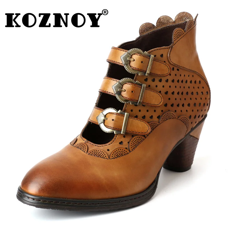

Koznoy 6.5cm Genuine Leather Ankle Mid Calf Boots Summer Booties Woman Moccasins Ethnic Hollow Chunky Heels Fashion Hook Shoes