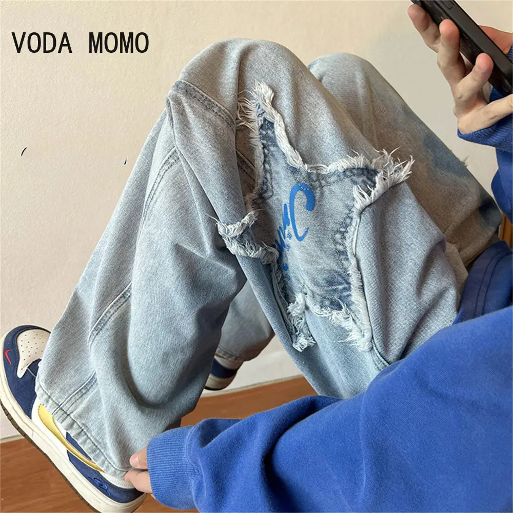 

Hip Hop Wide Leg Ripped Jeans Streetwear Men Women Black Jean Frayed Star Baggy Pants Y2k Pantalones De Hombre Loose Cargo Pants