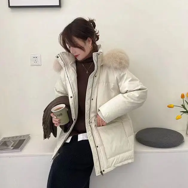 Women Down Jacket 2025 New Fur Collar Hooded Female Korean Short White Duck Down Coat Ladies Winter Loose Thick Outerwear E115