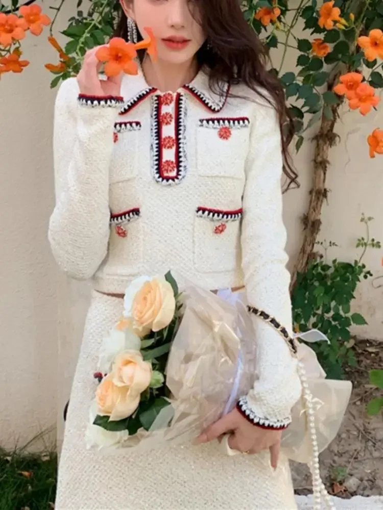 

Women's Short Coat 2023 New Tweed Contrast Color Multi-Pocket Turn-Down Collar Elegant Long Sleeve Jacket