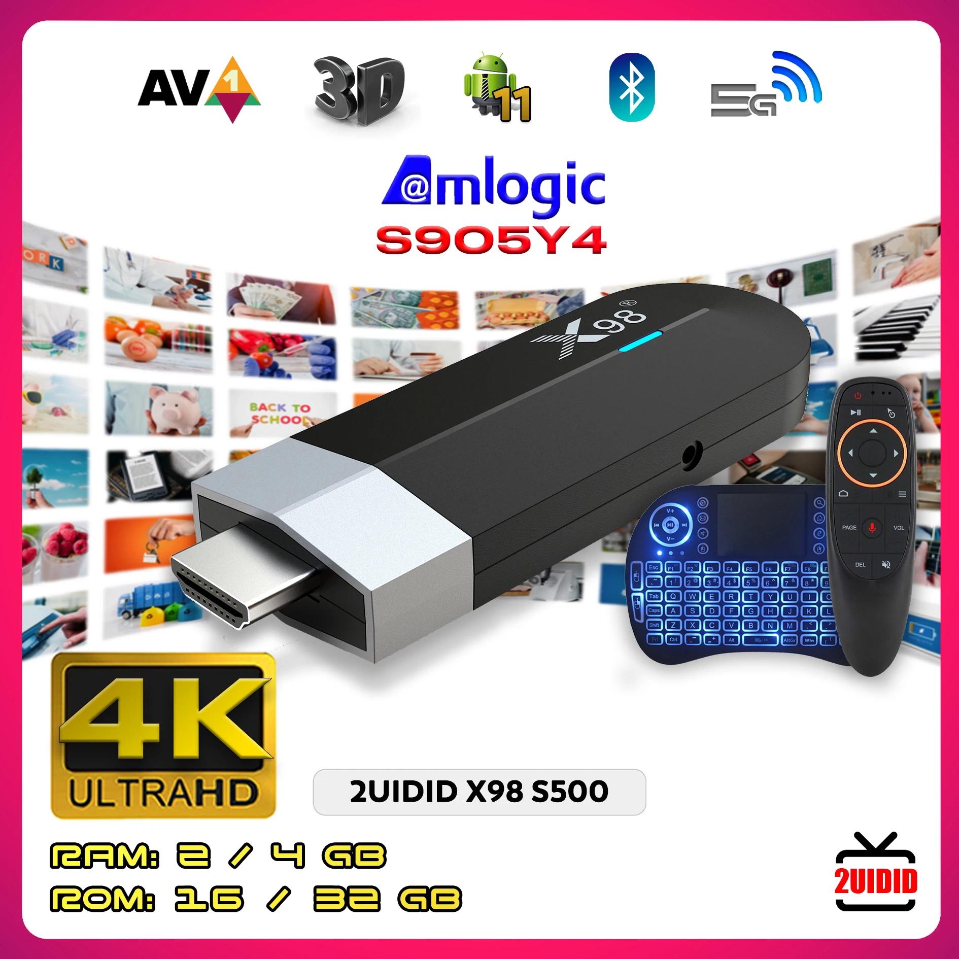 2UIDID X98 S500 Android 11 TV Stick Amlogic S905Y4 Quad Core 4G 32G AV1 4K 60fps 5G Wifi Google Player Youtube X98 Dongle 2G 16G
